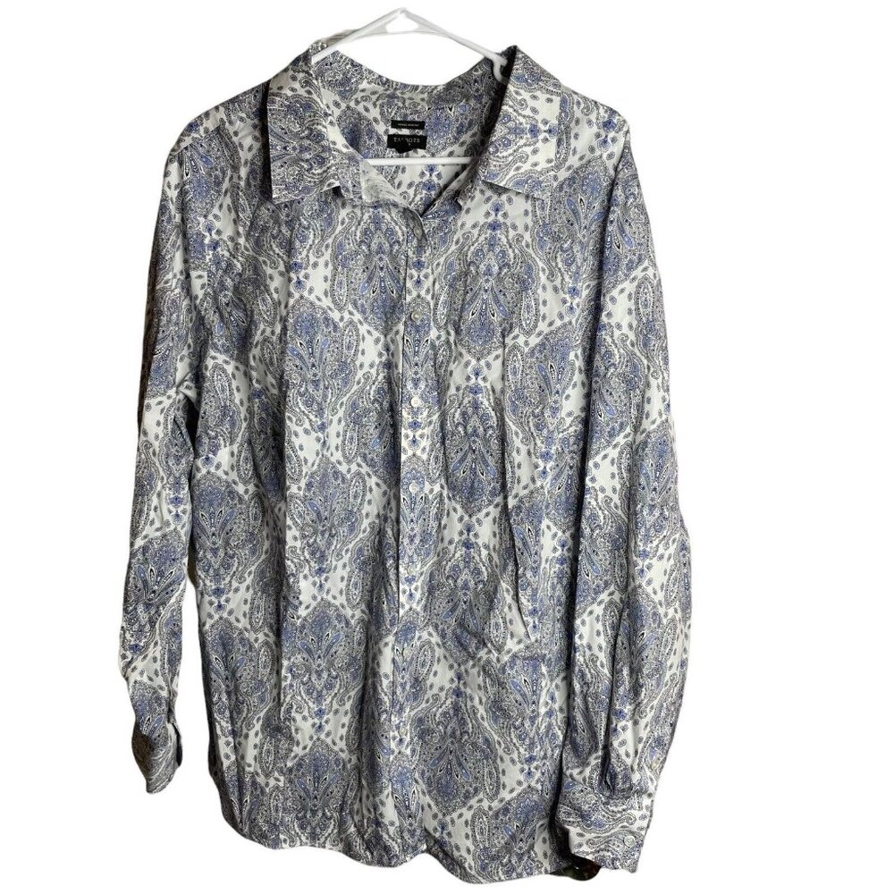 Talbots Womens Button Front Shirt Top 24W White Paisley Stretch Long Sleeve